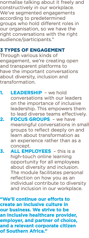 normalise talking about it freely and constructively in our workplace  We ve segmented engagements according to prede   